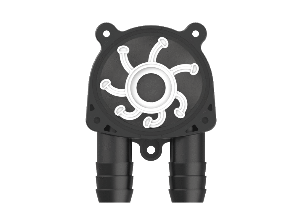 Flexible impeller pumps. Black plastic mechanical component with a circular white gear-like design in the center and two ribbed cylindrical connectors at the bottom, isolated on a white background.