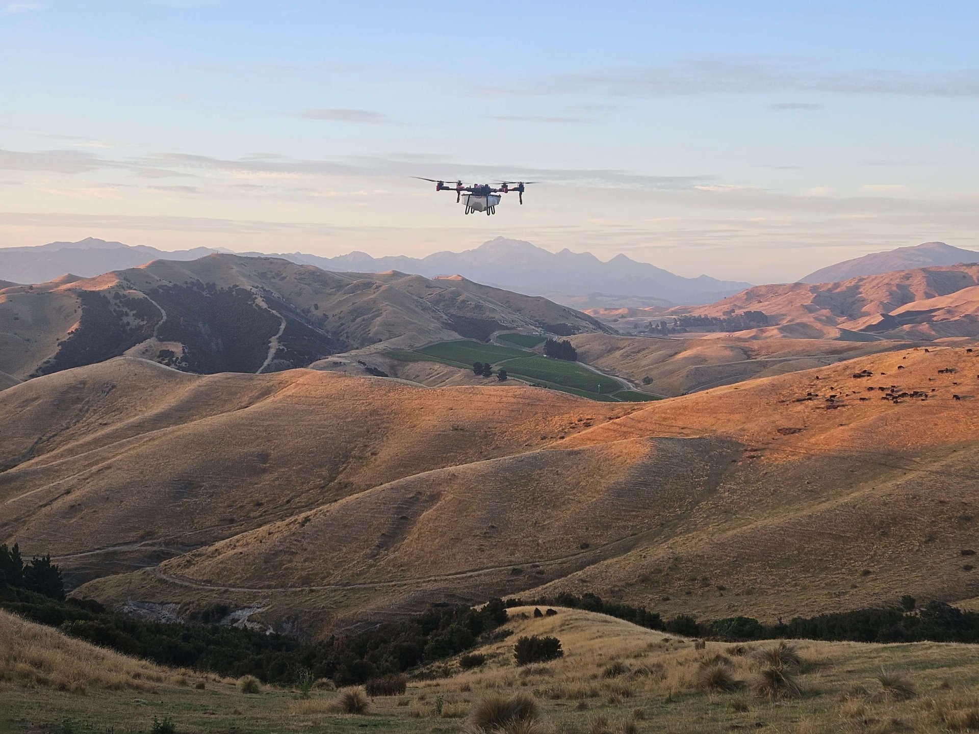 A drone hovers above rolling, golden hills with mountains in the background under a clear sky at sunset.