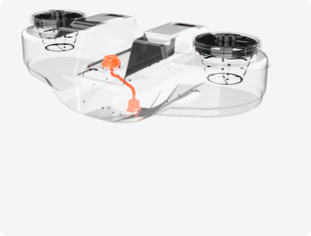 Transparent top view of a dual-chamber water tank with an orange tube, designed for use in a robotic cleaning device.